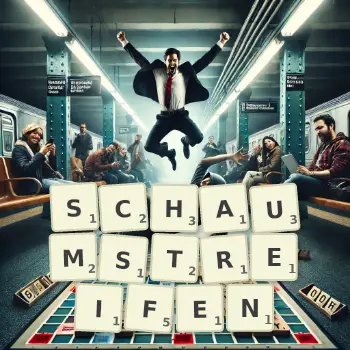Kreative Illustration für ein Scrabble-Spiel, bei dem das Wort SCHAUMSTREIFEN mit Steinen auf dem Brett gelegt wurde.