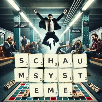 Kreative Illustration für ein Scrabble-Spiel, bei dem das Wort SCHAUMSYSTEME mit Steinen auf dem Brett gelegt wurde.