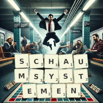 Kreative Illustration für ein Scrabble-Spiel, bei dem das Wort SCHAUMSYSTEMEN mit Steinen auf dem Brett gelegt wurde.