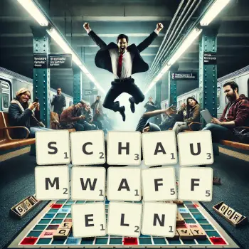 Kreative Illustration für ein Scrabble-Spiel, bei dem das Wort SCHAUMWAFFELN mit Steinen auf dem Brett gelegt wurde.