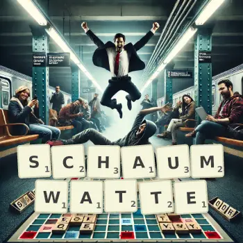 Kreative Illustration für ein Scrabble-Spiel, bei dem das Wort SCHAUMWATTE mit Steinen auf dem Brett gelegt wurde.