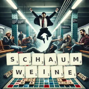 Kreative Illustration für ein Scrabble-Spiel, bei dem das Wort SCHAUMWEINE mit Steinen auf dem Brett gelegt wurde.