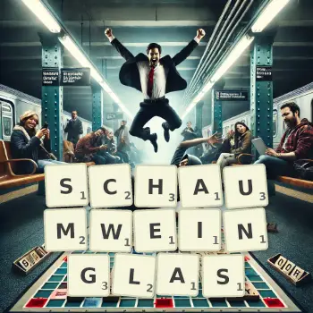 Kreative Illustration für ein Scrabble-Spiel, bei dem das Wort SCHAUMWEINGLAS mit Steinen auf dem Brett gelegt wurde.