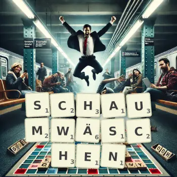 Kreative Illustration für ein Scrabble-Spiel, bei dem das Wort SCHAUMWÄSCHEN mit Steinen auf dem Brett gelegt wurde.