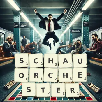 Kreative Illustration für ein Scrabble-Spiel, bei dem das Wort SCHAUORCHESTER mit Steinen auf dem Brett gelegt wurde.