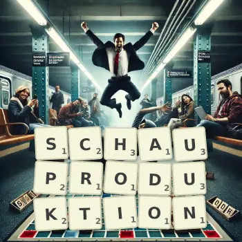 Kreative Illustration für ein Scrabble-Spiel, bei dem das Wort SCHAUPRODUKTION mit Steinen auf dem Brett gelegt wurde.