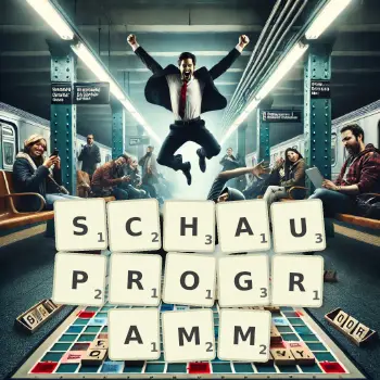 Kreative Illustration für ein Scrabble-Spiel, bei dem das Wort SCHAUPROGRAMM mit Steinen auf dem Brett gelegt wurde.