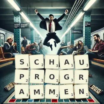 Kreative Illustration für ein Scrabble-Spiel, bei dem das Wort SCHAUPROGRAMMEN mit Steinen auf dem Brett gelegt wurde.