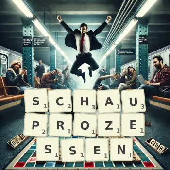 Kreative Illustration für ein Scrabble-Spiel, bei dem das Wort SCHAUPROZESSEN mit Steinen auf dem Brett gelegt wurde.