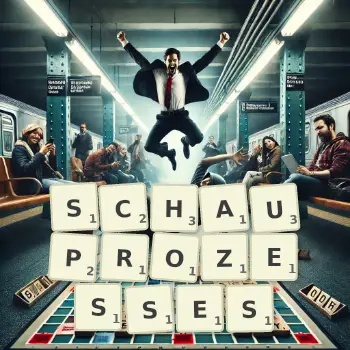 Kreative Illustration für ein Scrabble-Spiel, bei dem das Wort SCHAUPROZESSES mit Steinen auf dem Brett gelegt wurde.