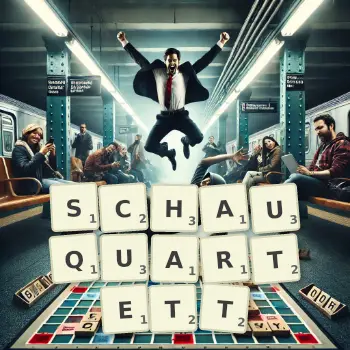 Kreative Illustration für ein Scrabble-Spiel, bei dem das Wort SCHAUQUARTETT mit Steinen auf dem Brett gelegt wurde.