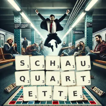 Kreative Illustration für ein Scrabble-Spiel, bei dem das Wort SCHAUQUARTETTE mit Steinen auf dem Brett gelegt wurde.