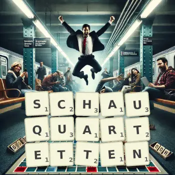 Kreative Illustration für ein Scrabble-Spiel, bei dem das Wort SCHAUQUARTETTEN mit Steinen auf dem Brett gelegt wurde.