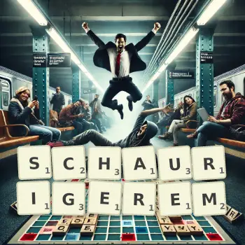 Kreative Illustration für ein Scrabble-Spiel, bei dem das Wort SCHAURIGEREM mit Steinen auf dem Brett gelegt wurde.
