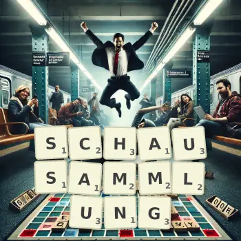 Kreative Illustration für ein Scrabble-Spiel, bei dem das Wort SCHAUSAMMLUNG mit Steinen auf dem Brett gelegt wurde.
