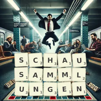 Kreative Illustration für ein Scrabble-Spiel, bei dem das Wort SCHAUSAMMLUNGEN mit Steinen auf dem Brett gelegt wurde.