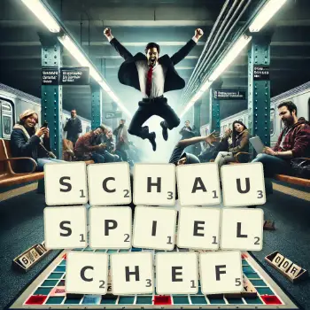 Kreative Illustration für ein Scrabble-Spiel, bei dem das Wort SCHAUSPIELCHEF mit Steinen auf dem Brett gelegt wurde.