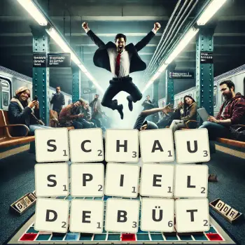 Kreative Illustration für ein Scrabble-Spiel, bei dem das Wort SCHAUSPIELDEBÜT mit Steinen auf dem Brett gelegt wurde.