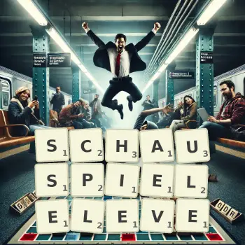 Kreative Illustration für ein Scrabble-Spiel, bei dem das Wort SCHAUSPIELELEVE mit Steinen auf dem Brett gelegt wurde.