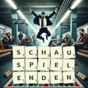 Kreative Illustration für ein Scrabble-Spiel, bei dem das Wort SCHAUSPIELENDEN mit Steinen auf dem Brett gelegt wurde.