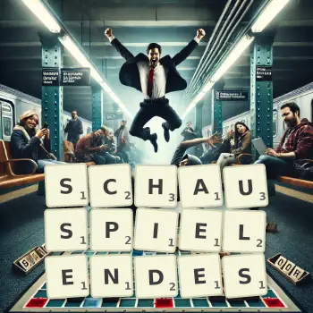 Kreative Illustration für ein Scrabble-Spiel, bei dem das Wort SCHAUSPIELENDES mit Steinen auf dem Brett gelegt wurde.