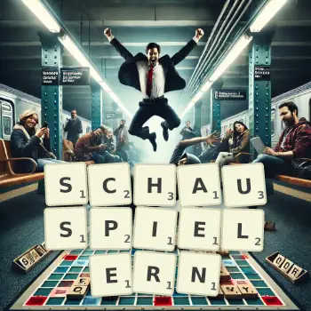 Kreative Illustration für ein Scrabble-Spiel, bei dem das Wort SCHAUSPIELERN mit Steinen auf dem Brett gelegt wurde.