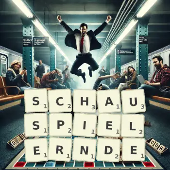 Kreative Illustration für ein Scrabble-Spiel, bei dem das Wort SCHAUSPIELERNDE mit Steinen auf dem Brett gelegt wurde.