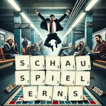 Kreative Illustration für ein Scrabble-Spiel, bei dem das Wort SCHAUSPIELERNS mit Steinen auf dem Brett gelegt wurde.