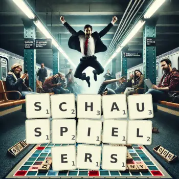 Kreative Illustration für ein Scrabble-Spiel, bei dem das Wort SCHAUSPIELERS mit Steinen auf dem Brett gelegt wurde.