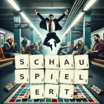 Kreative Illustration für ein Scrabble-Spiel, bei dem das Wort SCHAUSPIELERT mit Steinen auf dem Brett gelegt wurde.