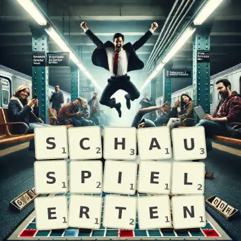 Kreative Illustration für ein Scrabble-Spiel, bei dem das Wort SCHAUSPIELERTEN mit Steinen auf dem Brett gelegt wurde.
