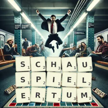 Kreative Illustration für ein Scrabble-Spiel, bei dem das Wort SCHAUSPIELERTUM mit Steinen auf dem Brett gelegt wurde.
