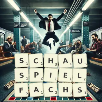 Kreative Illustration für ein Scrabble-Spiel, bei dem das Wort SCHAUSPIELFACHS mit Steinen auf dem Brett gelegt wurde.