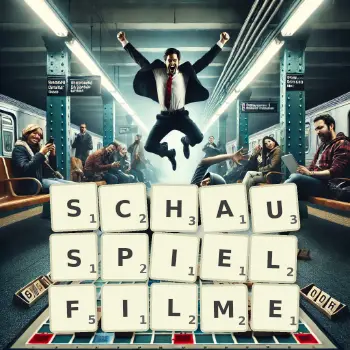 Kreative Illustration für ein Scrabble-Spiel, bei dem das Wort SCHAUSPIELFILME mit Steinen auf dem Brett gelegt wurde.