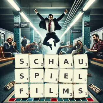 Kreative Illustration für ein Scrabble-Spiel, bei dem das Wort SCHAUSPIELFILMS mit Steinen auf dem Brett gelegt wurde.
