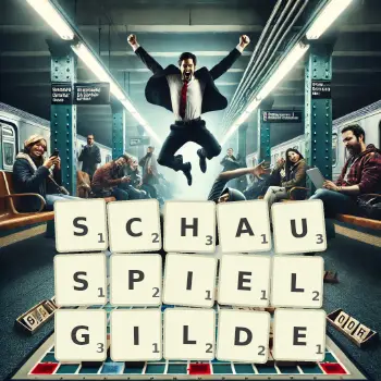 Kreative Illustration für ein Scrabble-Spiel, bei dem das Wort SCHAUSPIELGILDE mit Steinen auf dem Brett gelegt wurde.