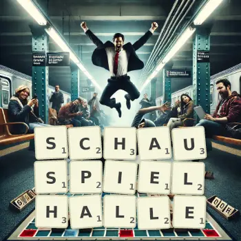 Kreative Illustration für ein Scrabble-Spiel, bei dem das Wort SCHAUSPIELHALLE mit Steinen auf dem Brett gelegt wurde.