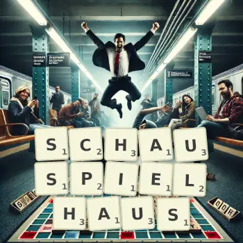 Kreative Illustration für ein Scrabble-Spiel, bei dem das Wort SCHAUSPIELHAUS mit Steinen auf dem Brett gelegt wurde.