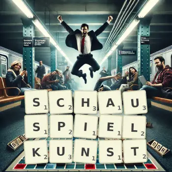 Kreative Illustration für ein Scrabble-Spiel, bei dem das Wort SCHAUSPIELKUNST mit Steinen auf dem Brett gelegt wurde.