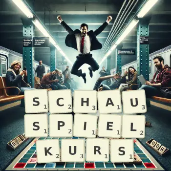 Kreative Illustration für ein Scrabble-Spiel, bei dem das Wort SCHAUSPIELKURS mit Steinen auf dem Brett gelegt wurde.