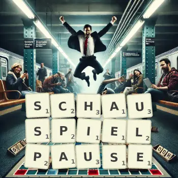 Kreative Illustration für ein Scrabble-Spiel, bei dem das Wort SCHAUSPIELPAUSE mit Steinen auf dem Brett gelegt wurde.