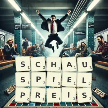 Kreative Illustration für ein Scrabble-Spiel, bei dem das Wort SCHAUSPIELPREIS mit Steinen auf dem Brett gelegt wurde.