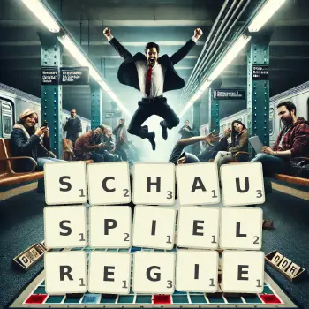 Kreative Illustration für ein Scrabble-Spiel, bei dem das Wort SCHAUSPIELREGIE mit Steinen auf dem Brett gelegt wurde.