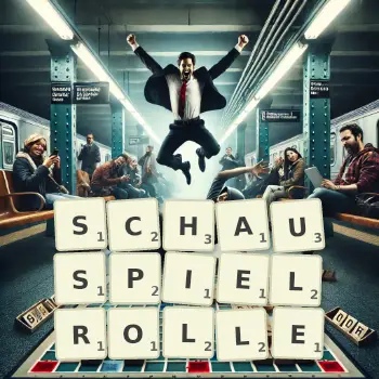 Kreative Illustration für ein Scrabble-Spiel, bei dem das Wort SCHAUSPIELROLLE mit Steinen auf dem Brett gelegt wurde.