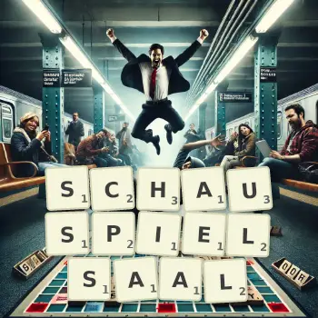 Kreative Illustration für ein Scrabble-Spiel, bei dem das Wort SCHAUSPIELSAAL mit Steinen auf dem Brett gelegt wurde.