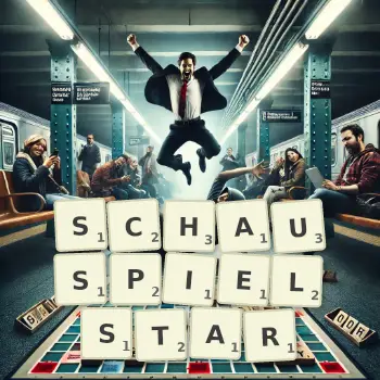 Kreative Illustration für ein Scrabble-Spiel, bei dem das Wort SCHAUSPIELSTAR mit Steinen auf dem Brett gelegt wurde.