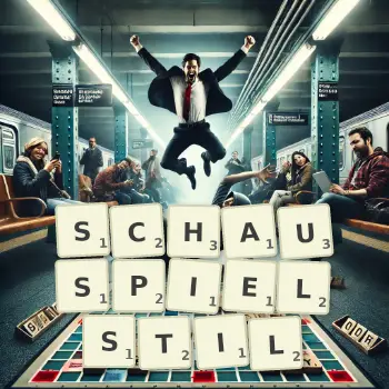 Kreative Illustration für ein Scrabble-Spiel, bei dem das Wort SCHAUSPIELSTIL mit Steinen auf dem Brett gelegt wurde.