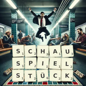 Kreative Illustration für ein Scrabble-Spiel, bei dem das Wort SCHAUSPIELSTÜCK mit Steinen auf dem Brett gelegt wurde.