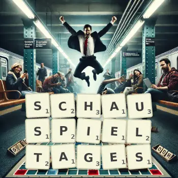 Kreative Illustration für ein Scrabble-Spiel, bei dem das Wort SCHAUSPIELTAGES mit Steinen auf dem Brett gelegt wurde.