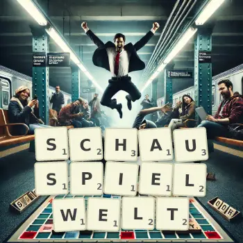 Kreative Illustration für ein Scrabble-Spiel, bei dem das Wort SCHAUSPIELWELT mit Steinen auf dem Brett gelegt wurde.